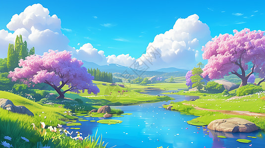 蓝蓝的天空下一条唯美的小河旁一棵高大的粉色树图片