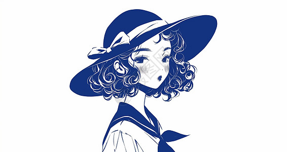 戴着大大的遮阳帽的卡通女孩蓝色调插画图片