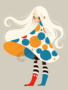 白色长发可爱的卡通小女孩穿着彩色圈圈卡通斗篷图片