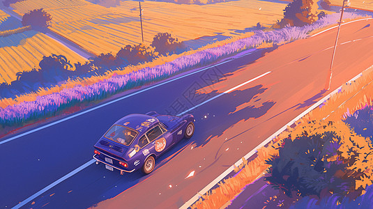 傍晚行驶在公路上的紫色卡通小汽车背景图片