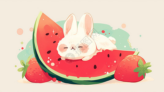 趴在西瓜上的可爱卡通小白兔图片