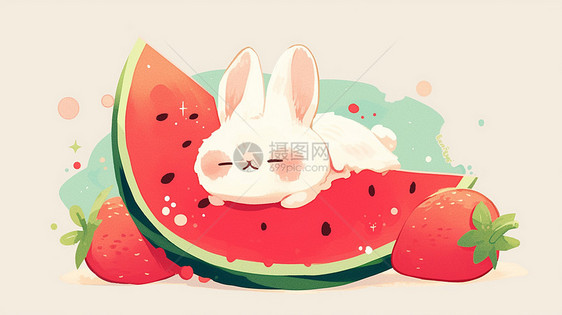 趴在西瓜上的可爱卡通小白兔图片