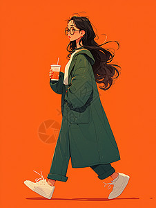 手拿着咖啡大步走路的卡通女孩图片