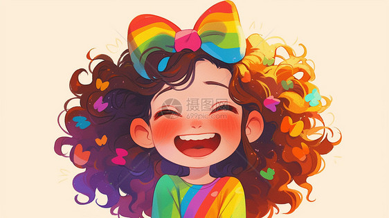 身穿彩色裙子头戴彩色蝴蝶结的卡通小女孩在开心笑图片
