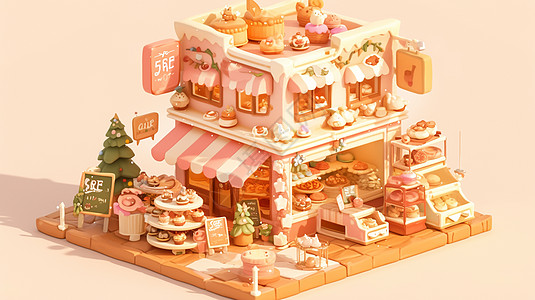 甜品屋立体可爱的卡通糕点屋插画