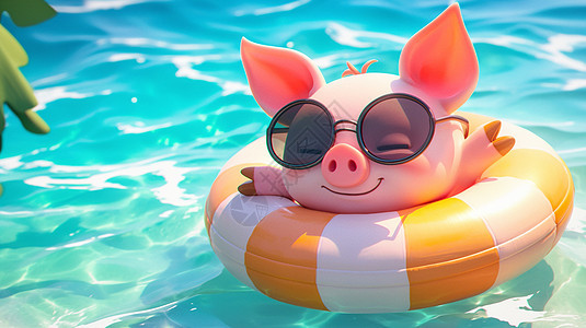戴着墨镜的在游泳圈里休闲度假的小猪背景图片