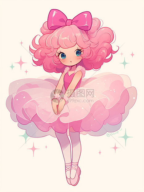 穿着粉色蓬蓬裙头的可爱卡通小女孩图片