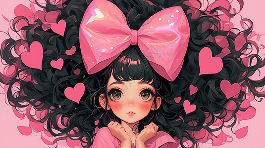 戴着粉色蝴蝶结的卷发可爱卡通小女孩身旁有很多爱心图片