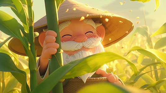 戴着草帽在玉米地中的农民老伯伯图片