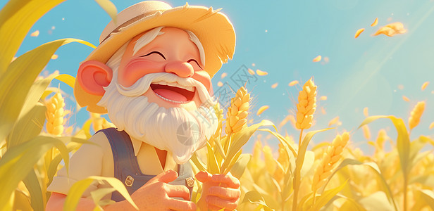 在麦子地中的白胡子农民伯伯图片