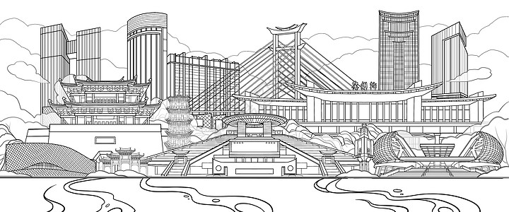 国潮风福建泉州地标古建筑现代大厦场景线稿插画图片