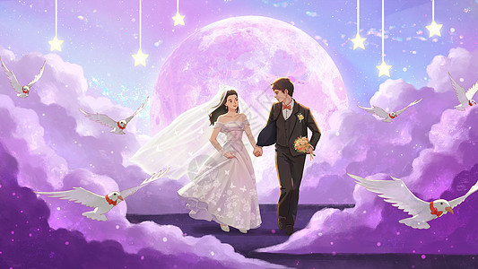 蒙古婚礼月光下的婚纱爱人插画