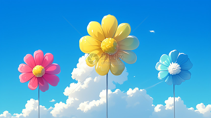 在空中彩色漂亮的三朵美丽的卡通花朵图片