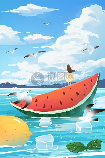 手绘夏天西瓜天空白云大海治愈系插画图片