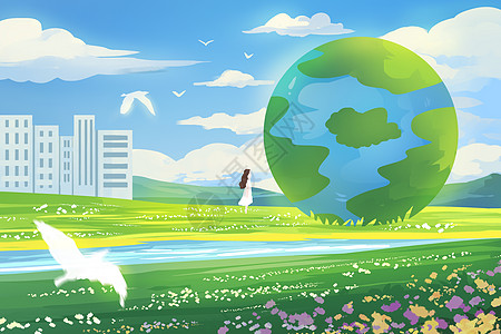 城市插画世界地球日地球小清新草地与城市建筑插画插画