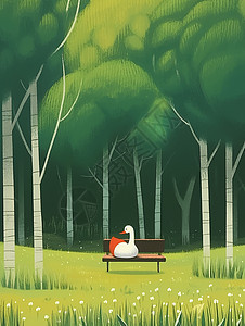 绿色森林中的长椅上可爱的卡通小鸭子图片