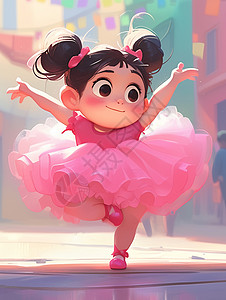 穿着粉色蓬蓬裙开心跳舞的肥胖可爱卡通小女孩图片