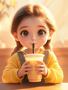 抱着一大桶饮料开心喝的卡通小女孩背景图片