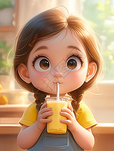 抱着一大桶饮料开心喝的可爱卡通女孩背景图片