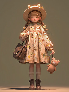 戴着帽子拿着玩具挎着包的小清新可爱卡通小女孩图片