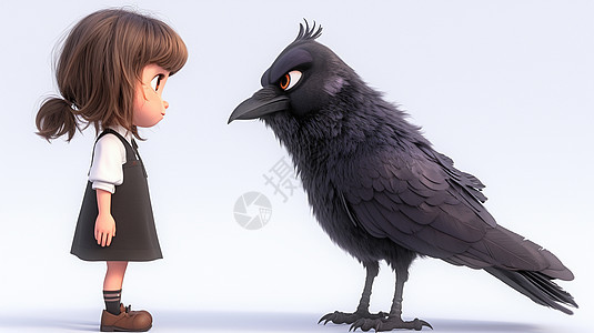可爱的卡通小女孩与黑色的大乌鸦面对面图片