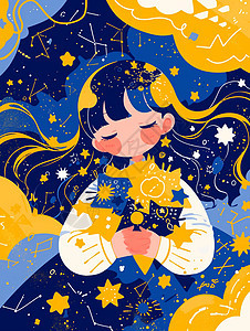 梦幻夜晚可爱的卡通小女孩与黄色卡通星星图片