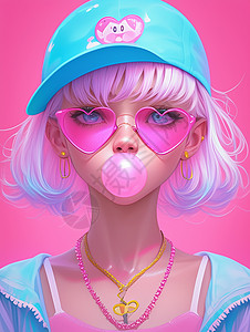 酷女孩戴粉色墨镜吹泡泡糖的时尚酷酷的卡通女孩插画