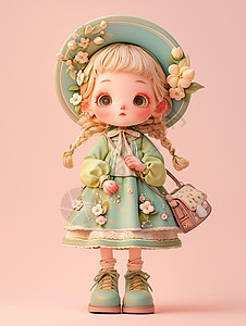 穿绿色连衣裙身上背着小挎包的可爱卡通小女孩图片