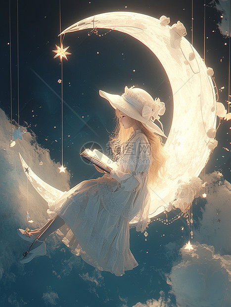 夜晚坐在发光的月亮上认真看书的卡通小女孩图片