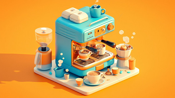 橙色背景立体可爱的卡通咖啡机图片
