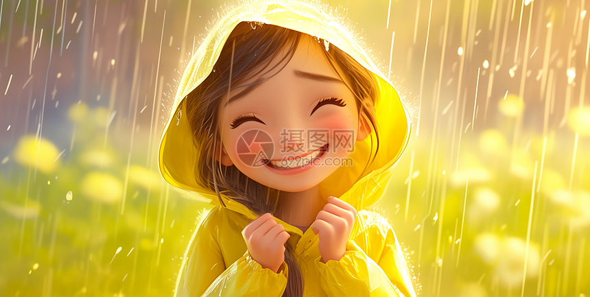 雨中穿着黄色雨衣开心笑的立体可爱卡通小女孩图片