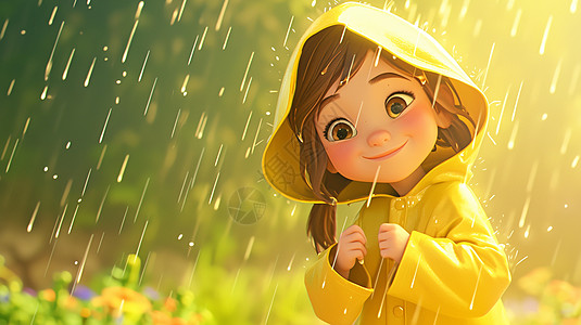 雨中穿着黄色雨衣开心笑的立体可爱小女孩高清图片