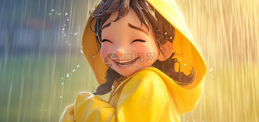 雨中穿着黄色雨衣开心笑的可爱卡通小女孩图片