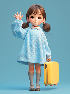 拎着黄色行李箱穿着蓝色连衣裙的小女孩在打招呼图片