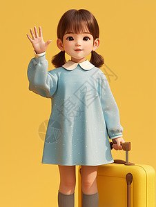 拎着黄色行李箱穿着连衣裙的卡通小女孩在打招呼图片