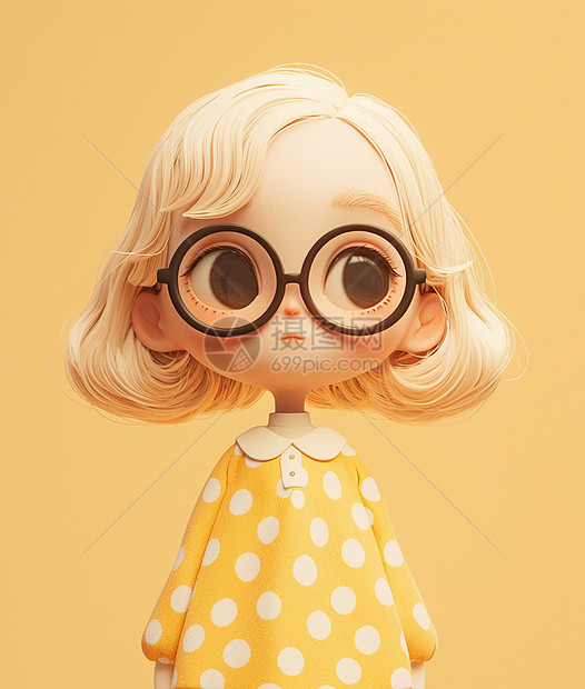 戴着眼镜穿着黄色波点可爱的卡通小女孩图片