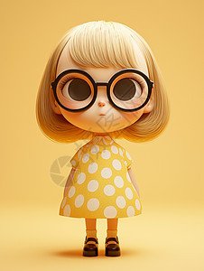 戴着黑框眼镜穿着黄色波点可爱的小女孩图片