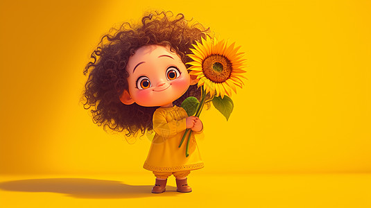 抱着一棵大大的向日葵卷发可爱的小女孩图片