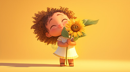 抱着一棵大大的向日葵卷发可爱的卡通女孩图片