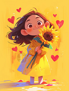穿着连衣裙抱着向日葵的可爱小女孩图片