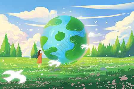 手绘世界地球日之地球草地花朵唯美治愈风景插画背景图片