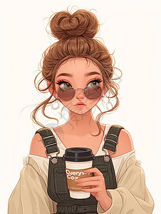 手端着咖啡时尚卡通女孩背景图片