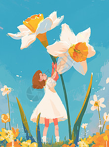 身穿白色连衣裙在花丛中的清新可爱卡通小女孩图片