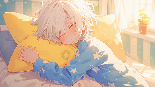 抱着黄色可爱的卡通枕头安心睡觉的小男孩图片