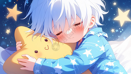 可爱卡通小男孩穿着星星睡衣安静睡觉图片