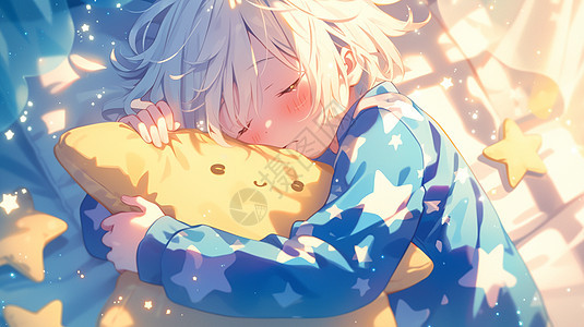 可爱小男孩穿着蓝色星星睡衣安静睡觉图片