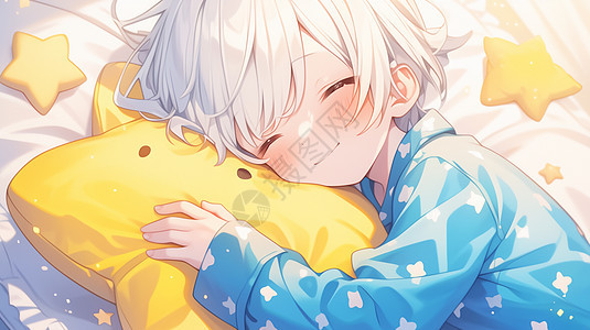 可爱卡通男孩穿着蓝色星星睡衣安静睡觉图片