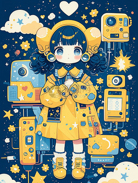 连衣裙的可爱卡通小女孩太空主题插画图片