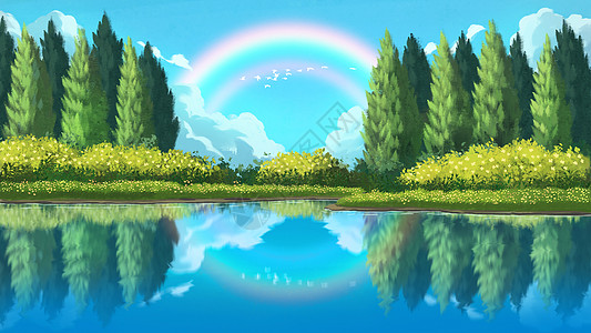 树林蔚蓝湖水自然风景插画