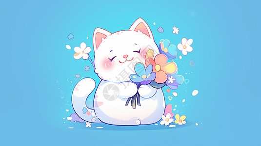 抱着花束可爱的卡通小白猫图片